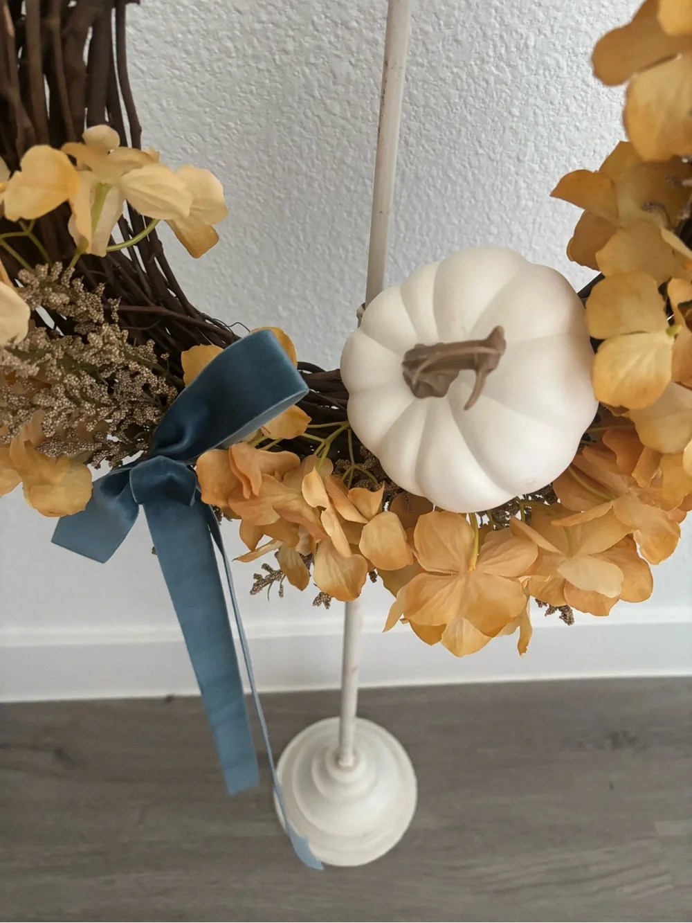 Autumn Hydrangea Grapevine Wreath Velvet Bow White Pumpkin Custom Final Sale